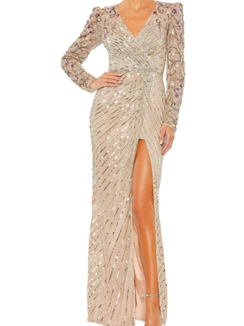 Mac Duggal Nude Multi Beaded Sequin Faux Wrap Long Sleeve Dress